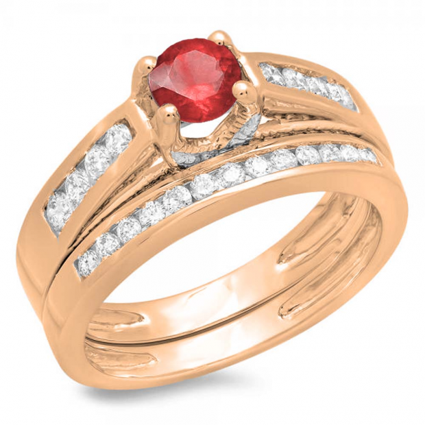 1.00 Carat (ctw) 14K Rose Gold Round White Diamond & Red Ruby Ladies Vintage Style Bridal Engagement Ring With Matching Band Set 1 CT