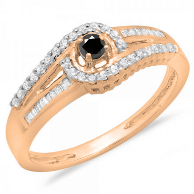0.33 Carat (ctw) 10K Rose Gold Round & Baguette Cut Black & White Diamond Ladies Twisted Swirl Bridal Halo Engagement Ring 1/3 CT