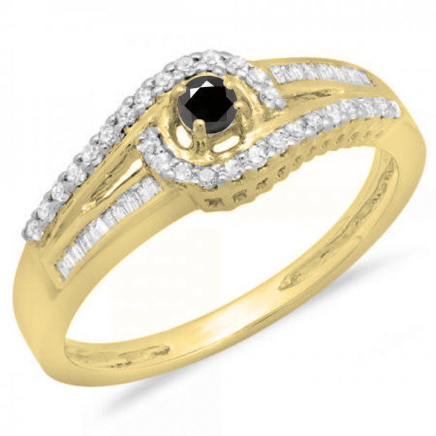 0.33 Carat (ctw) 10K Yellow Gold Round & Baguette Cut Black & White Diamond Ladies Twisted Swirl Bridal Halo Engagement Ring 1/3 CT