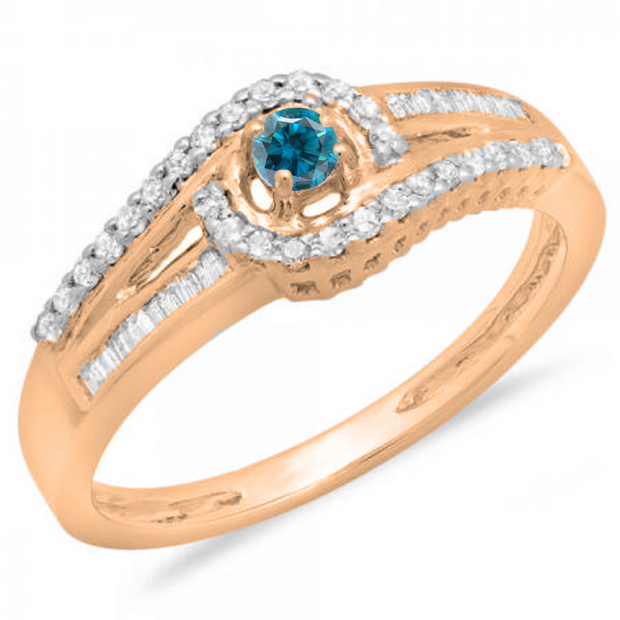0.33 Carat (ctw) 10K Rose Gold Round & Baguette Cut Blue & White Diamond Ladies Twisted Swirl Bridal Halo Engagement Ring 1/3 CT