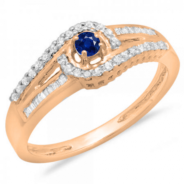 0.33 Carat (ctw) 10K Rose Gold Round & Baguette Cut Blue Sapphire & White Diamond Ladies Twisted Swirl Bridal Halo Engagement Ring 1/3 CT