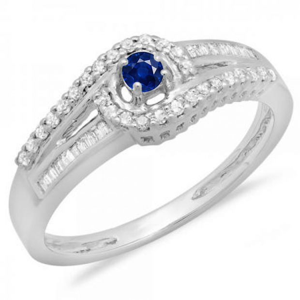 0.33 Carat (ctw) 10K White Gold Round & Baguette Cut Blue Sapphire & White Diamond Ladies Twisted Swirl Bridal Halo Engagement Ring 1/3 CT