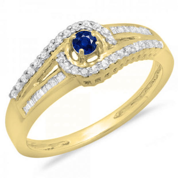 0.33 Carat (ctw) 10K Yellow Gold Round & Baguette Cut Blue Sapphire & White Diamond Ladies Twisted Swirl Bridal Halo Engagement Ring 1/3 CT