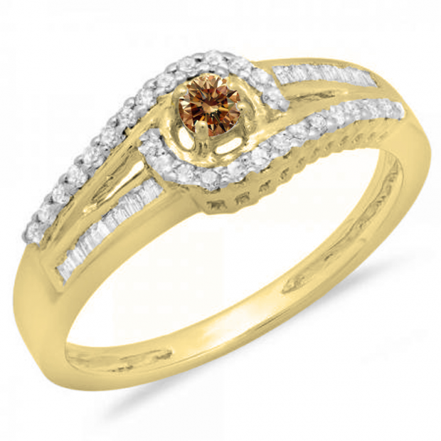 0.33 Carat (ctw) 10K Yellow Gold Round & Baguette Cut Champagne & White Diamond Ladies Twisted Swirl Bridal Halo Engagement Ring 1/3 CT