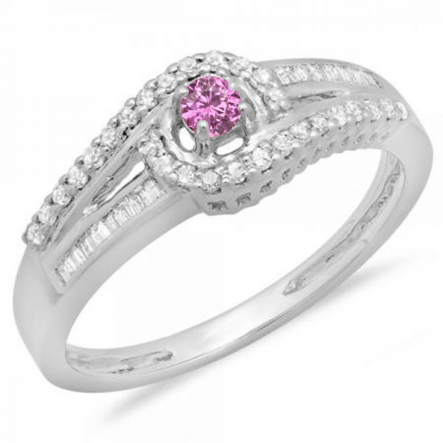 0.33 Carat (ctw) 10K White Gold Round & Baguette Cut Pink Sapphire & White Diamond Ladies Twisted Swirl Bridal Halo Engagement Ring 1/3 CT