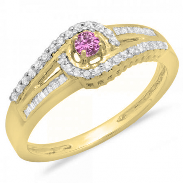 0.33 Carat (ctw) 10K Yellow Gold Round & Baguette Cut Pink Sapphire & White Diamond Ladies Twisted Swirl Bridal Halo Engagement Ring 1/3 CT