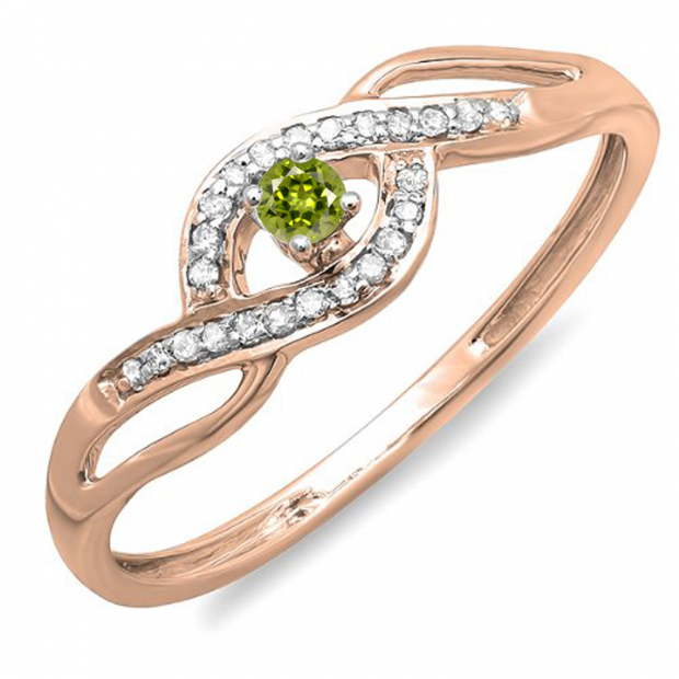 0.15 Carat (ctw) 14K Rose Gold Round Cut Light Colored Peridot And White Diamond Ladies Engagement Bridal Promise Ring