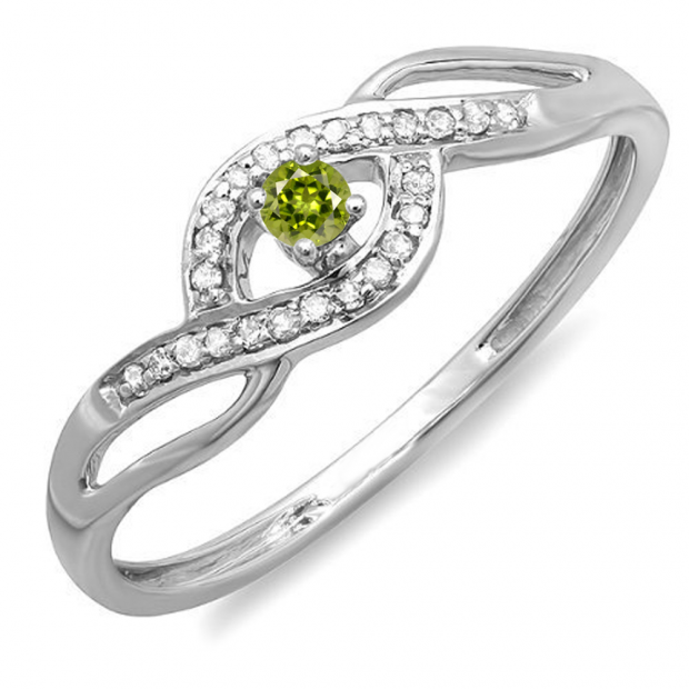 0.15 Carat (ctw) 14k White Gold Round Cut Light Colored Peridot And White Diamond Ladies Engagement Bridal Promise Ring