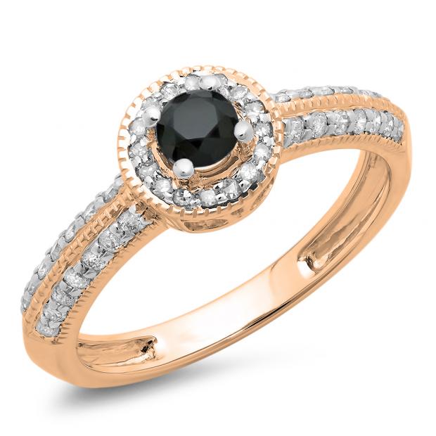 0.70 Carat (ctw) 14K Rose Gold Round Black & White Diamond Ladies Bridal Vintage Style Milgrain Halo Engagement Ring 3/4 CT