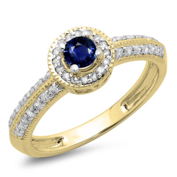 0.70 Carat (ctw) 10K Yellow Gold Round Blue Sapphire & White Diamond Ladies Bridal Vintage Style Milgrain Halo Engagement Ring 3/4 CT