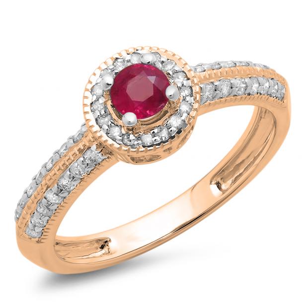 0.70 Carat (ctw) 10K Rose Gold Round Red Ruby & White Diamond Ladies Bridal Vintage Style Milgrain Halo Engagement Ring 3/4 CT