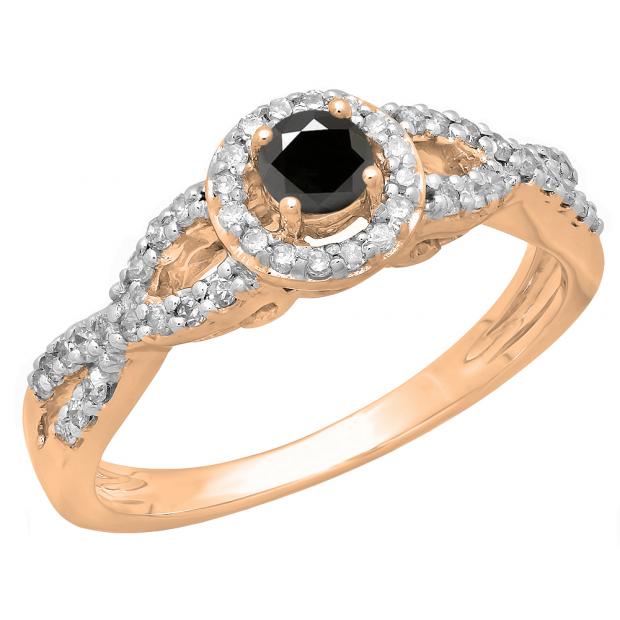 0.50 Carat (ctw) 14K Rose Gold Round Black & White Diamond Ladies Swirl Split Shank Bridal Halo Style Engagement Ring 1/2 CT