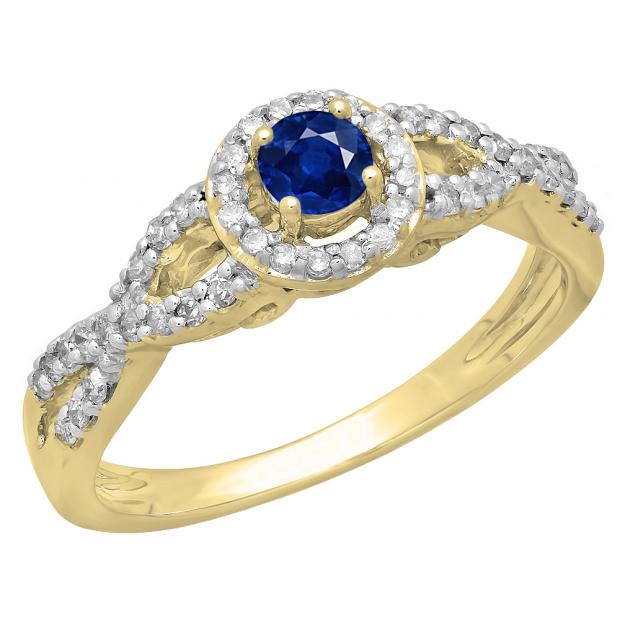 0.50 Carat (ctw) 10K Yellow Gold Round Blue Sapphire & White Diamond Ladies Swirl Split Shank Bridal Halo Style Engagement Ring 1/2 CT