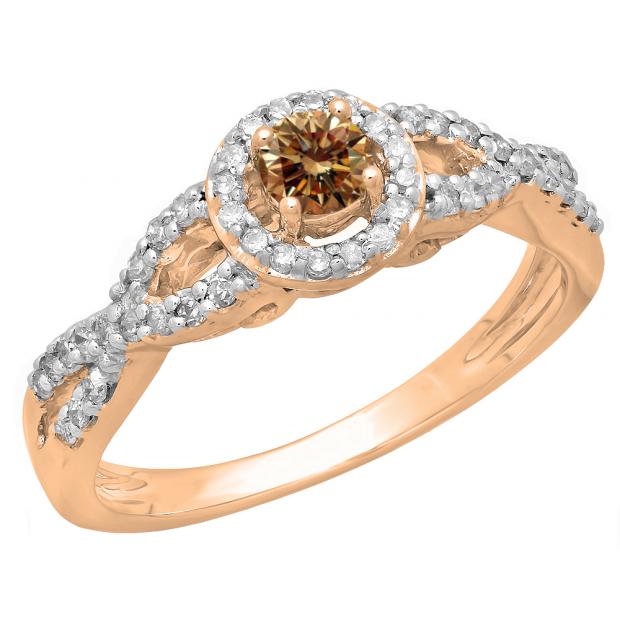 0.50 Carat (ctw) 10K Rose Gold Round Champagne & White Diamond Ladies Swirl Split Shank Bridal Halo Style Engagement Ring 1/2 CT