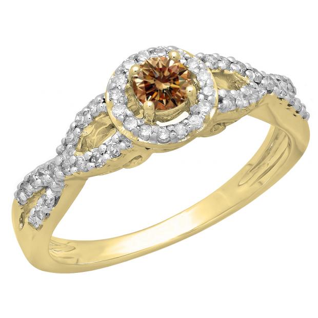 0.50 Carat (ctw) 10K Yellow Gold Round Champagne & White Diamond Ladies Swirl Split Shank Bridal Halo Style Engagement Ring 1/2 CT