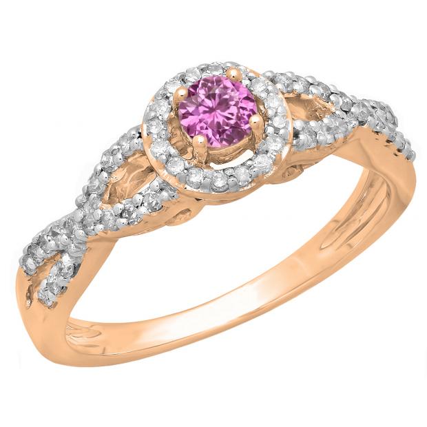 0.50 Carat (ctw) 10K Rose Gold Round Pink Sapphire & White Diamond Ladies Swirl Split Shank Bridal Halo Style Engagement Ring 1/2 CT