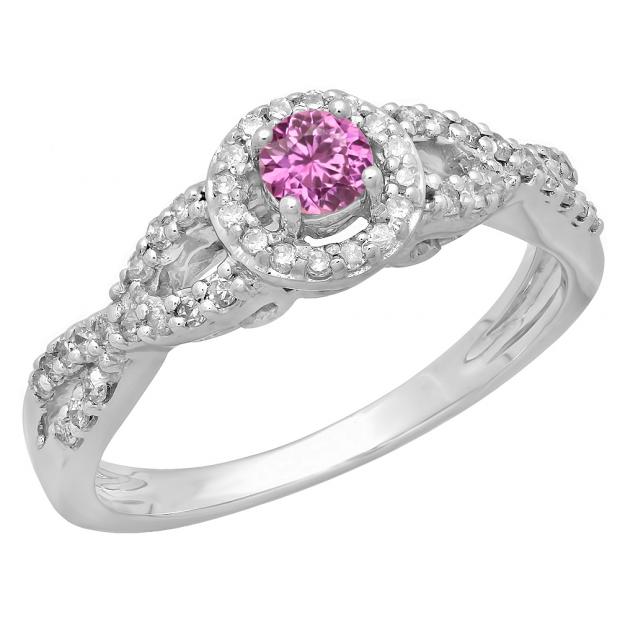 0.50 Carat (ctw) 10K White Gold Round Pink Sapphire & White Diamond Ladies Swirl Split Shank Bridal Halo Style Engagement Ring 1/2 CT