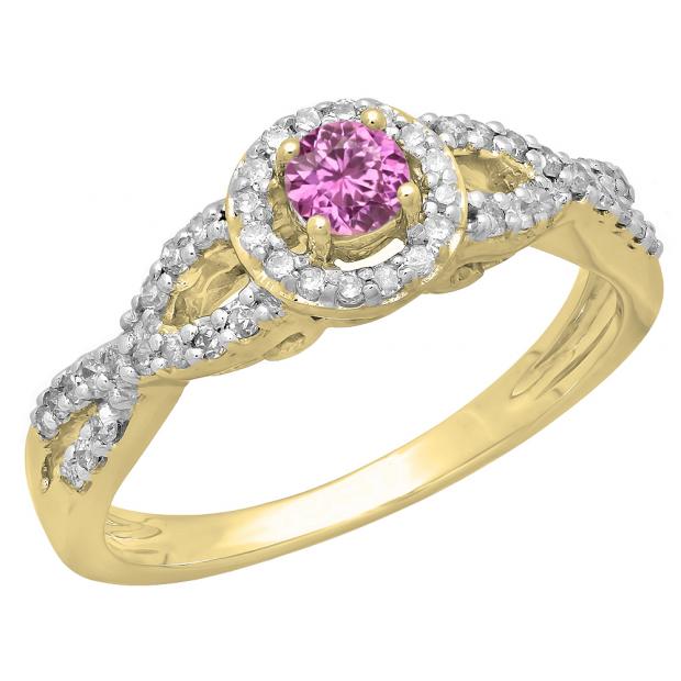 0.50 Carat (ctw) 10K Yellow Gold Round Pink Sapphire & White Diamond Ladies Swirl Split Shank Bridal Halo Style Engagement Ring 1/2 CT