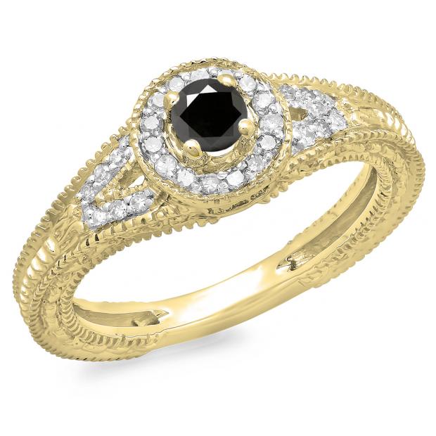 0.50 Carat (ctw) 10K Yellow Gold Round Black & White Diamond Ladies Split Shank Bridal Vintage Halo Style Engagement Ring 1/2 CT