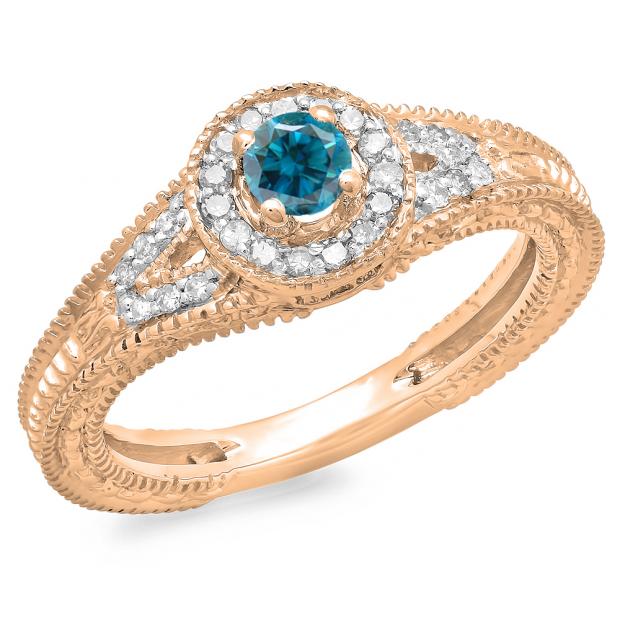 0.50 Carat (ctw) 10K Rose Gold Round Blue & White Diamond Ladies Split Shank Bridal Vintage Halo Style Engagement Ring 1/2 CT
