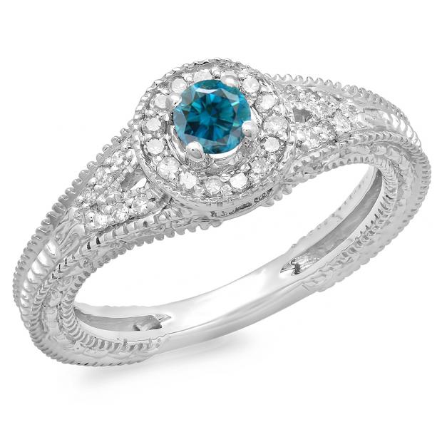 0.50 Carat (ctw) 14K White Gold Round Blue & White Diamond Ladies Split Shank Bridal Vintage Halo Style Engagement Ring 1/2 CT