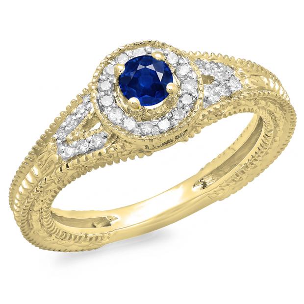 0.50 Carat (ctw) 10K Yellow Gold Round Blue Sapphire & White Diamond Ladies Split Shank Bridal Vintage Halo Style Engagement Ring 1/2 CT