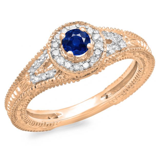 0.50 Carat (ctw) 18K Rose Gold Round Blue Sapphire & White Diamond Ladies Split Shank Bridal Vintage Halo Style Engagement Ring 1/2 CT