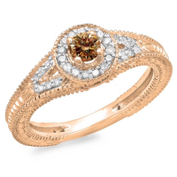 0.50 Carat (ctw) 10K Rose Gold Round Champagne & White Diamond Ladies Split Shank Bridal Vintage Halo Style Engagement Ring 1/2 CT