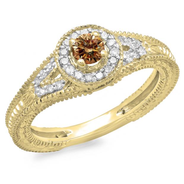 0.50 Carat (ctw) 10K Yellow Gold Round Champagne & White Diamond Ladies Split Shank Bridal Vintage Halo Style Engagement Ring 1/2 CT