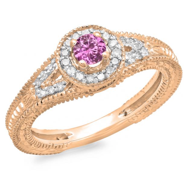 0.50 Carat (ctw) 10K Rose Gold Round Pink Sapphire & White Diamond Ladies Split Shank Bridal Vintage Halo Style Engagement Ring 1/2 CT