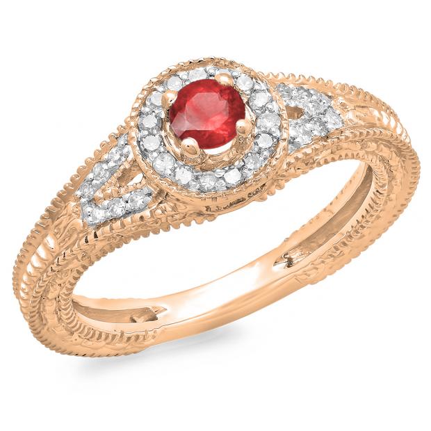 0.50 Carat (ctw) 18K Rose Gold Round Red Ruby & White Diamond Ladies Split Shank Bridal Vintage Halo Style Engagement Ring 1/2 CT