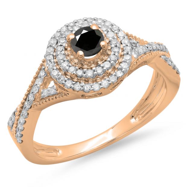 0.60 Carat (ctw) 10K Rose Gold Round Cut Black & White Diamond Ladies Crossover Swirl Bridal Halo Engagement Ring