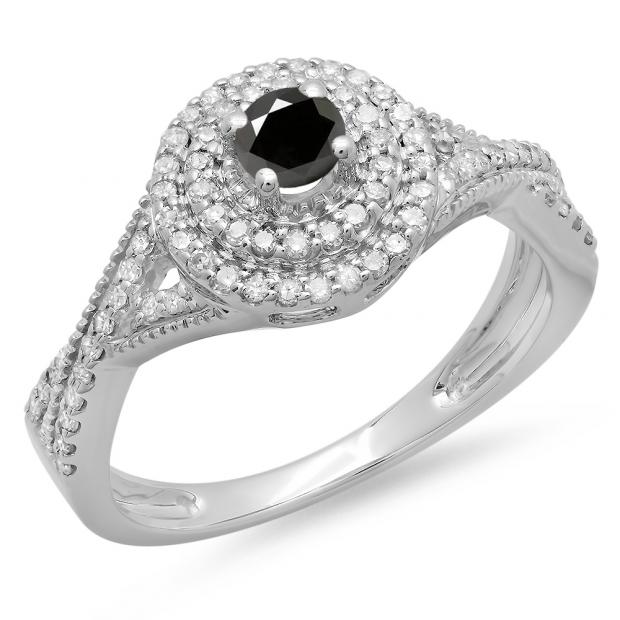 0.60 Carat (ctw) 10K White Gold Round Cut Black & White Diamond Ladies Crossover Swirl Bridal Halo Engagement Ring