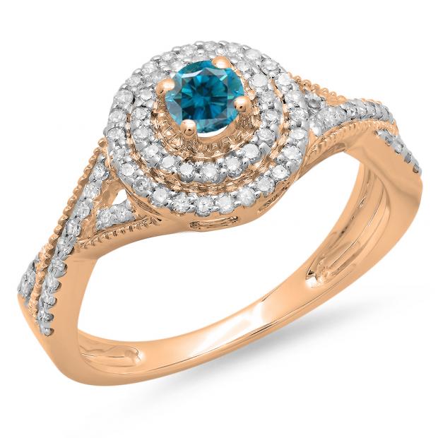 0.60 Carat (ctw) 10K Rose Gold Round Cut Blue & White Diamond Ladies Crossover Swirl Bridal Halo Engagement Ring