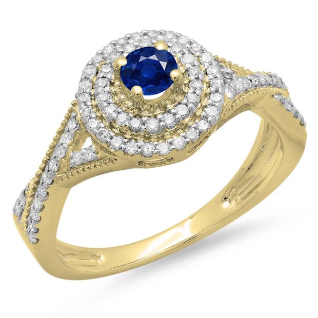0.60 Carat (ctw) 10K Yellow Gold Round Cut Blue Sapphire & White Diamond Ladies Crossover Swirl Bridal Halo Engagement Ring