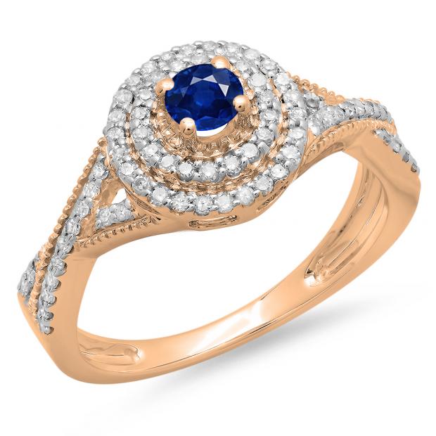 0.60 Carat (ctw) 14K Rose Gold Round Cut Blue Sapphire & White Diamond Ladies Crossover Swirl Bridal Halo Engagement Ring