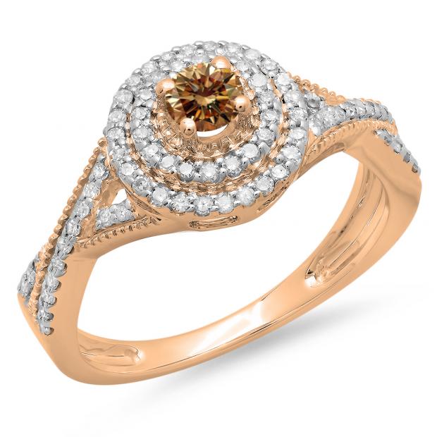 0.60 Carat (ctw) 10K Rose Gold Round Cut Champagne & White Diamond Ladies Crossover Swirl Bridal Halo Engagement Ring