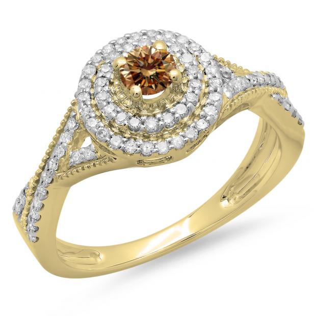 0.60 Carat (ctw) 10K Yellow Gold Round Cut Champagne & White Diamond Ladies Crossover Swirl Bridal Halo Engagement Ring