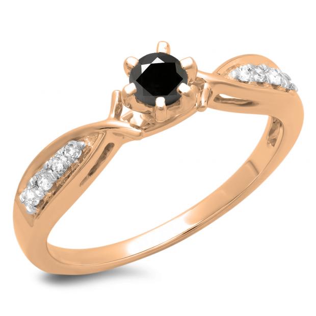 0.33 Carat (ctw) 10K Rose Gold Round Cut Black & White Diamond Ladies Bridal Solitaire With Accents Engagement Ring 1/3 CT