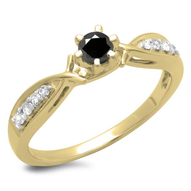 0.33 Carat (ctw) 10K Yellow Gold Round Cut Black & White Diamond Ladies Bridal Solitaire With Accents Engagement Ring 1/3 CT