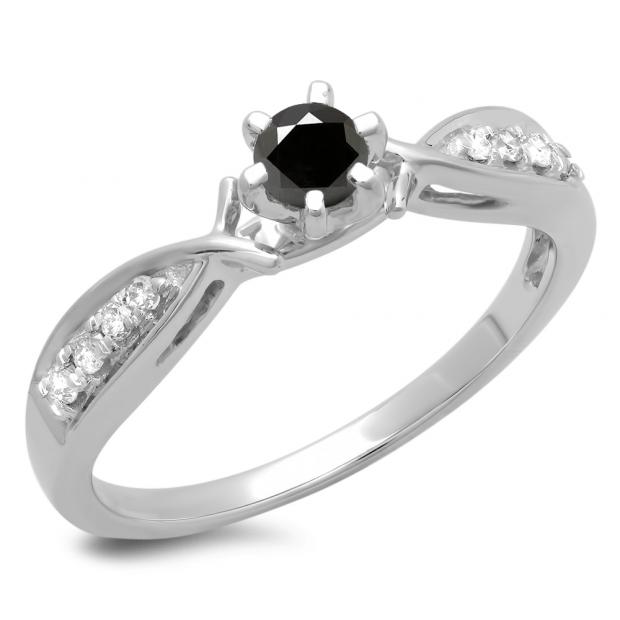 0.33 Carat (ctw) 18K White Gold Round Cut Black & White Diamond Ladies Bridal Solitaire With Accents Engagement Ring 1/3 CT