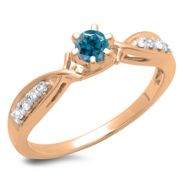 0.33 Carat (ctw) 10K Rose Gold Round Cut Blue & White Diamond Ladies Bridal Solitaire With Accents Engagement Ring 1/3 CT