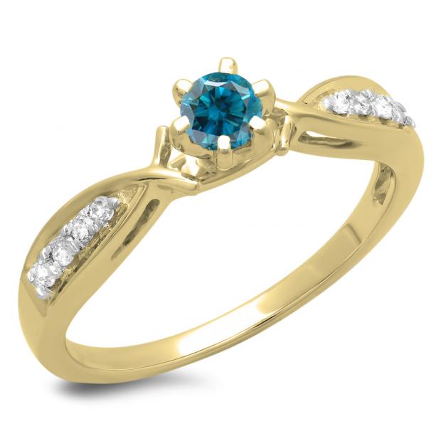 0.33 Carat (ctw) 10K Yellow Gold Round Cut Blue & White Diamond Ladies Bridal Solitaire With Accents Engagement Ring 1/3 CT
