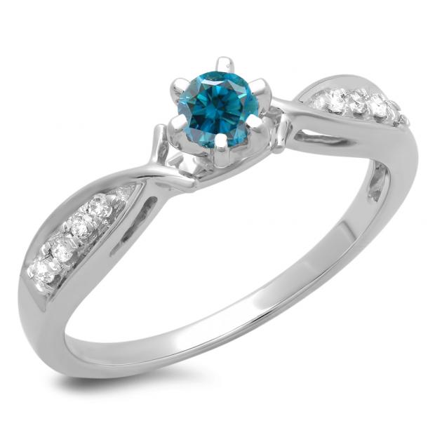 0.33 Carat (ctw) 18K White Gold Round Cut Blue & White Diamond Ladies Bridal Solitaire With Accents Engagement Ring 1/3 CT