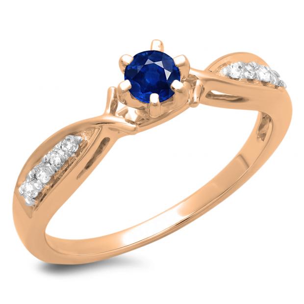 0.33 Carat (ctw) 10K Rose Gold Round Cut Blue Sapphire & White Diamond Ladies Bridal Solitaire With Accents Engagement Ring 1/3 CT