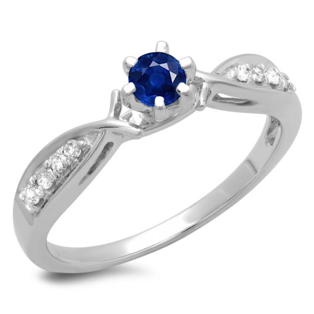 0.33 Carat (ctw) 14K White Gold Round Cut Blue Sapphire & White Diamond Ladies Bridal Solitaire With Accents Engagement Ring 1/3 CT