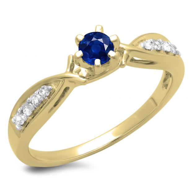 0.33 Carat (ctw) 18K Yellow Gold Round Cut Blue Sapphire & White Diamond Ladies Bridal Solitaire With Accents Engagement Ring 1/3 CT