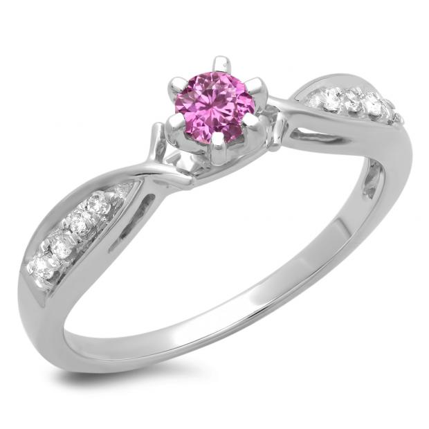 0.33 Carat (ctw) 14K White Gold Round Cut Pink Sapphire & White Diamond Ladies Bridal Solitaire With Accents Engagement Ring 1/3 CT