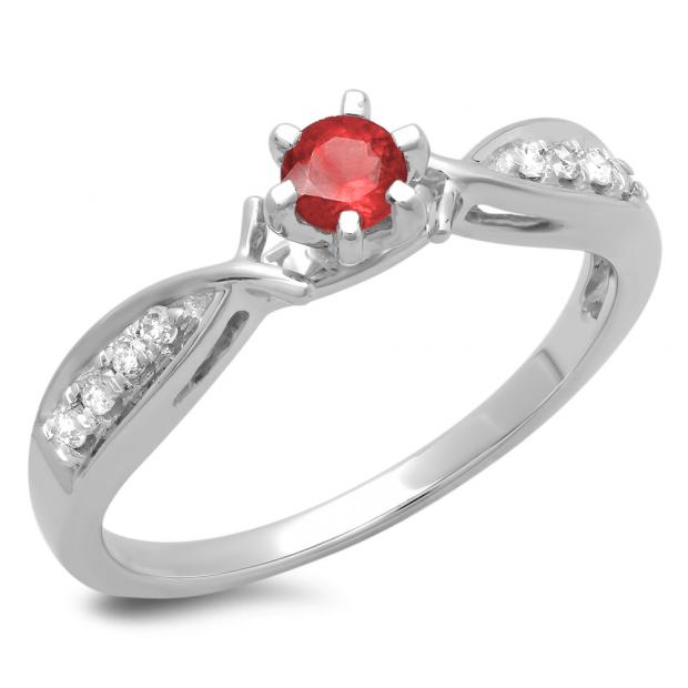 0.33 Carat (ctw) 18K White Gold Round Cut Red Ruby & White Diamond Ladies Bridal Solitaire With Accents Engagement Ring 1/3 CT