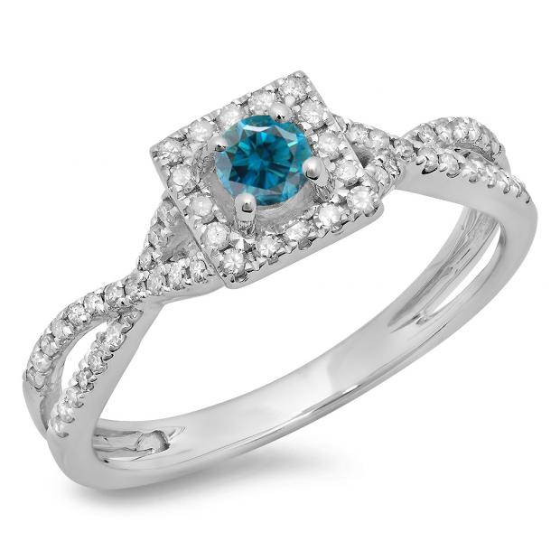 0.50 Carat (ctw) 10K White Gold Round Cut Blue & White Diamond Ladies Bridal Swirl Split Shank Halo Engagement Ring 1/2 CT